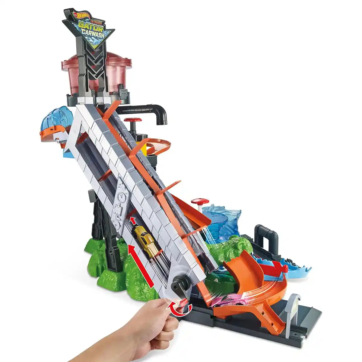 Hot Wheels City Ultimate Gator Car Wash Playset with Color Shifters Car, Manual Crank Elevator, Whirlpool Dunk Tank, and Giant Gator, Boys & Girls, Ages 4+