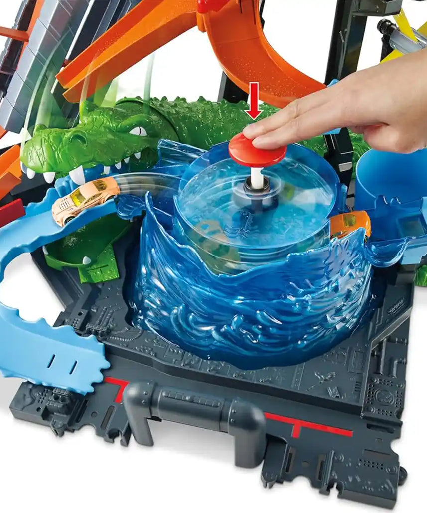 Hot Wheels City Ultimate Gator Car Wash Playset with Color Shifters Car, Manual Crank Elevator, Whirlpool Dunk Tank, and Giant Gator, Boys & Girls, Ages 4+