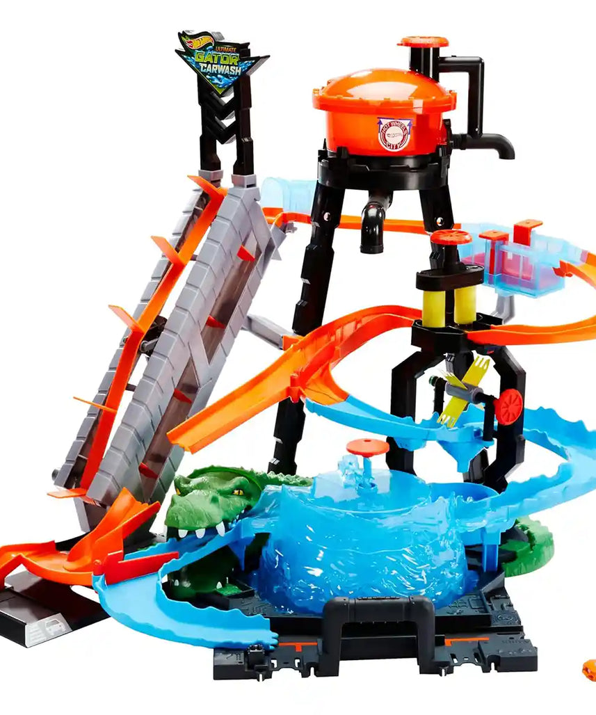 Hot Wheels City Ultimate Gator Car Wash Playset with Color Shifters Car, Manual Crank Elevator, Whirlpool Dunk Tank, and Giant Gator, Boys & Girls, Ages 4+