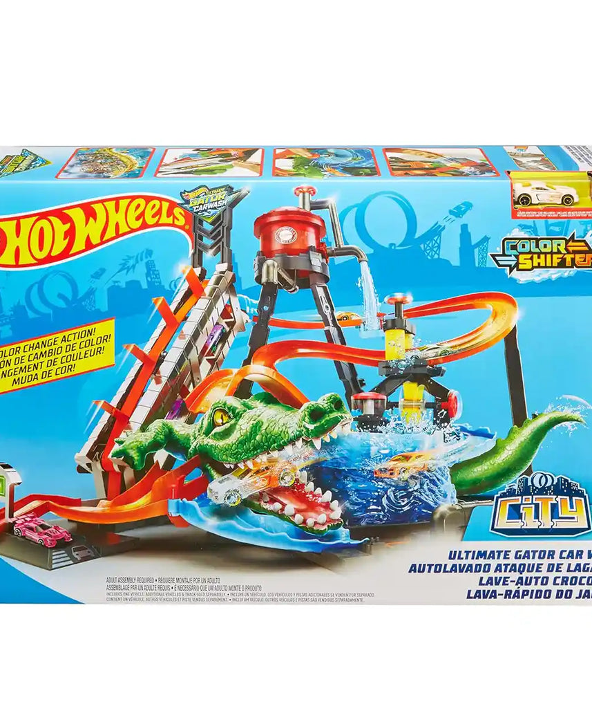 Hot Wheels City Ultimate Gator Car Wash Playset with Color Shifters Car, Manual Crank Elevator, Whirlpool Dunk Tank, and Giant Gator, Boys & Girls, Ages 4+