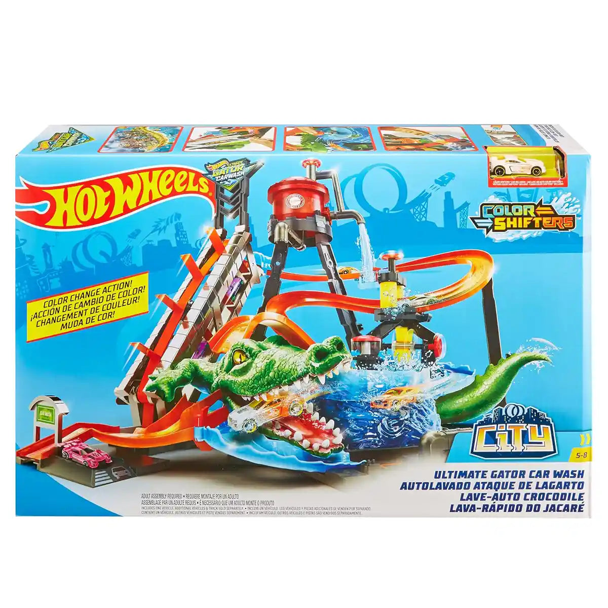 Hot Wheels City Ultimate Gator Car Wash Playset with Color Shifters Car, Manual Crank Elevator, Whirlpool Dunk Tank, and Giant Gator, Boys & Girls, Ages 4+