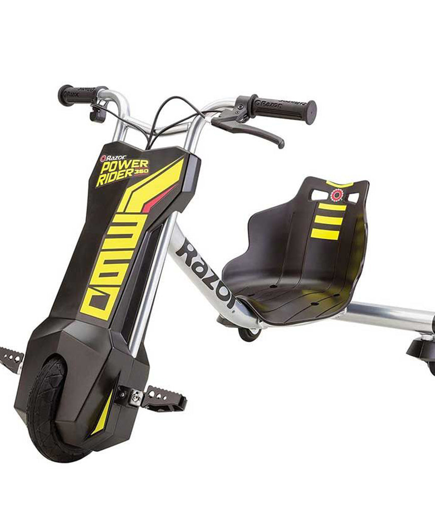 دراجة ثلاثية العجلات الكهربائية Razor PowerRider 360 للأطفال من سن 8 سنوات فما فوق، 12 فولت مع دواسة وقود بزر ضغط، سرعة تصل إلى 9 أميال في الساعة، مدة تشغيل 30 دقيقة، دوران 360 درجة وانزلاق، أقصى وزن للراكب 120 رطلاً