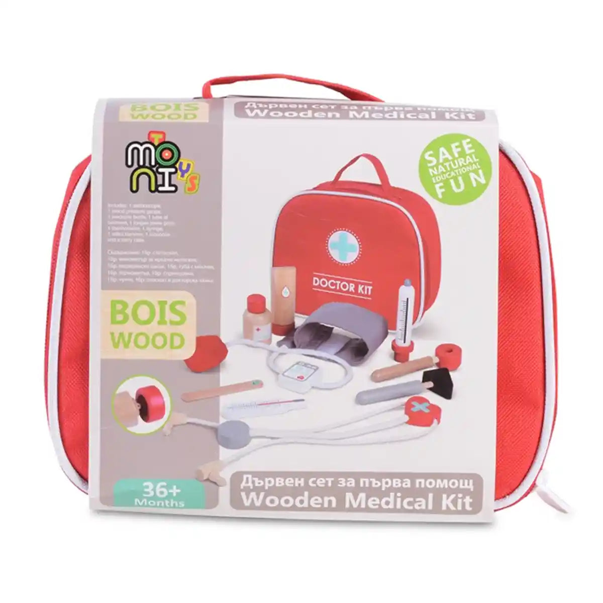 مجموعة الطبيب الخشبية من إديو فن للأطفال، مجموعة لعب أدوار كاملة مع سماعة طبية، ومقياس حرارة، وحقنة، وزجاجات دواء، وحقيبة حمل محمولة، لعبة تظاهر تعليمية للأطفال من سن 3 سنوات فما فوق