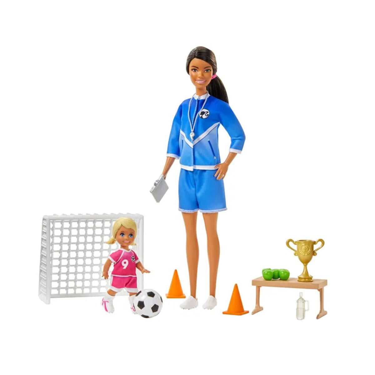 مجموعة لعب مدرب كرة القدم باربي مع دمى وإكسسوارات كرة القدم وشبكة المرمى والكأس ومعدات التدريب