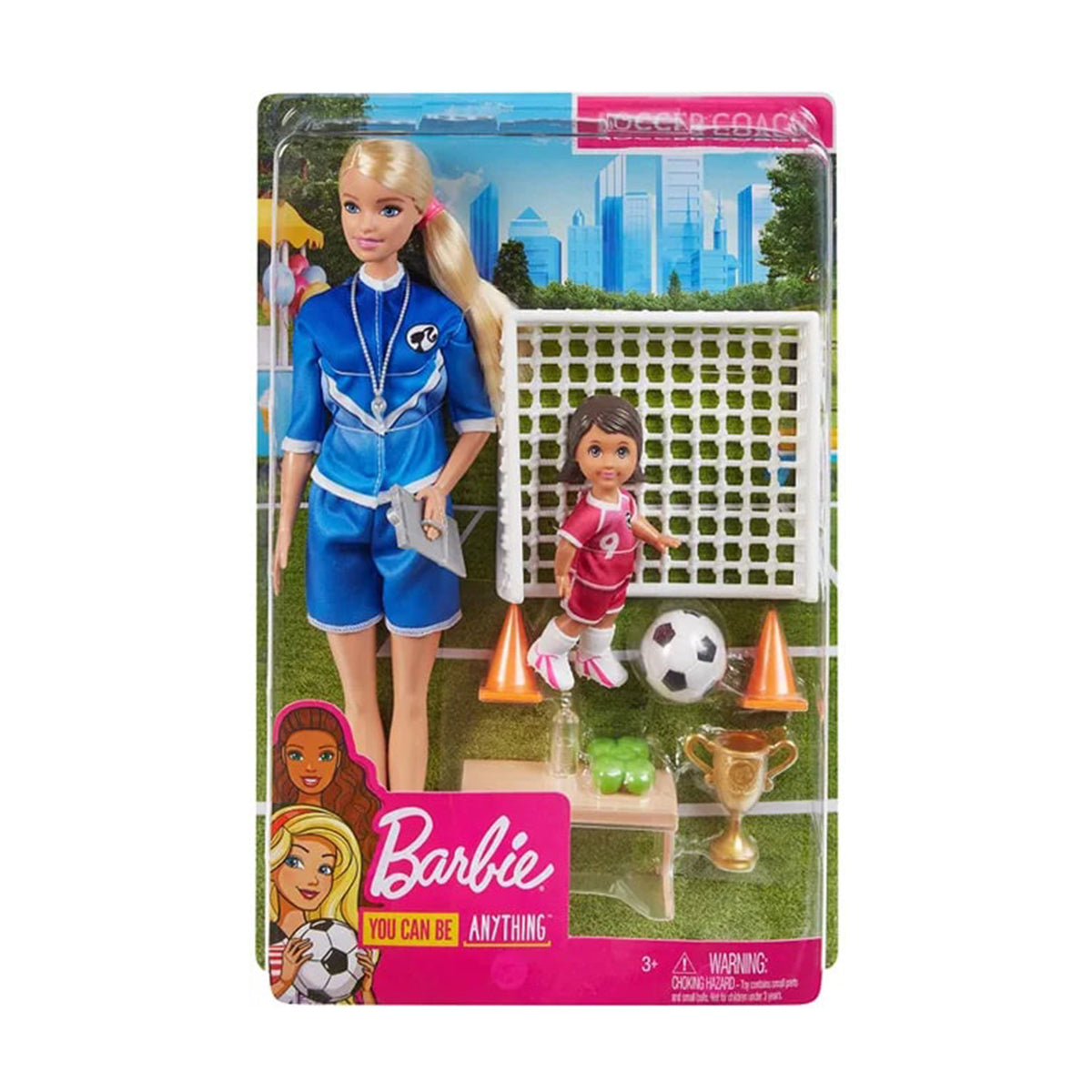مجموعة لعب مدرب كرة القدم باربي مع دمى وإكسسوارات كرة القدم وشبكة المرمى والكأس ومعدات التدريب