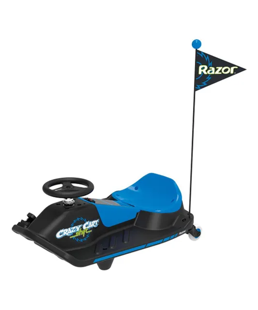 عربة سباق كهربائية Razor Crazy Cart Shift 12 فولت للأطفال من سن 6 سنوات فما فوق، مفتاح سرعة عالية/منخفضة قابل للتعديل، نظام دريفت مبسط، حتى 8 أميال في الساعة، وقت تشغيل 40 دقيقة، أقصى وزن 120 رطلاً