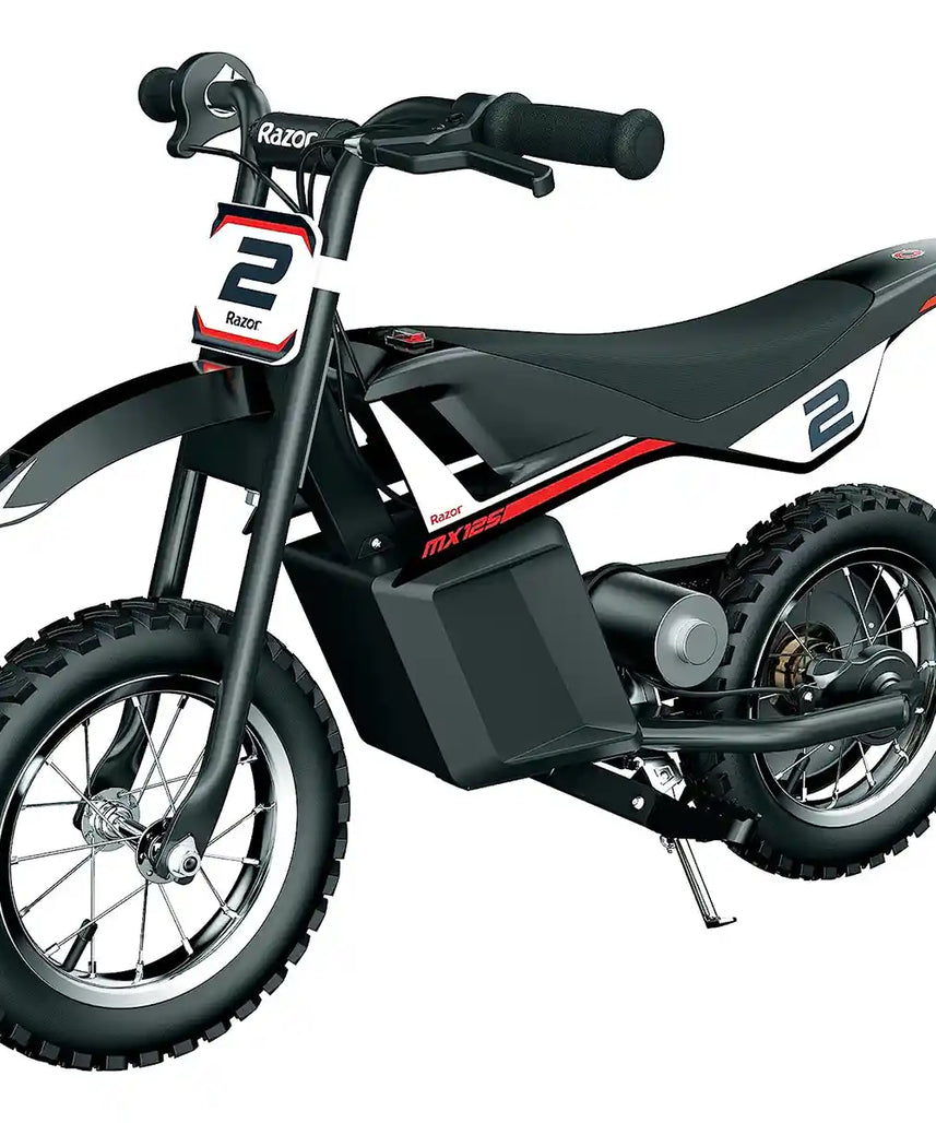 دراجة Razor MX125 Dirt Rocket الكهربائية للأطفال من سن 7 سنوات فما فوق، محرك عزم دوران عالي 100 واط، دفع خلفي، سرعات تصل إلى 8 أميال في الساعة، وقت تشغيل 40 دقيقة، لون أسود