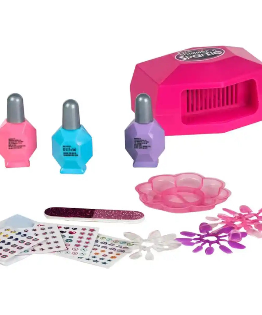 CraZart Shimmer & Sparkle Manicure Magic Nail Studio, 3 Nail Polishes + 2 Gem Sticker Sheets, Quick Dryer, DIY Nail Art Kit for Girls 6+