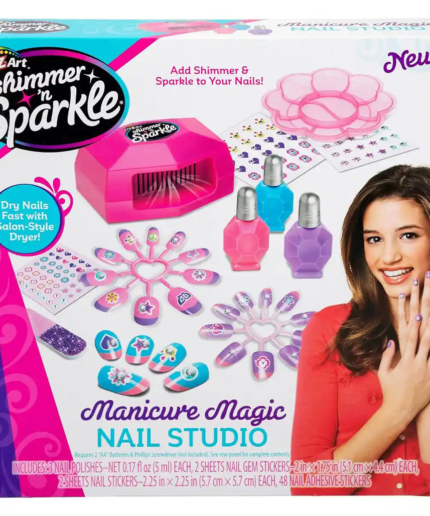 CraZart Shimmer & Sparkle Manicure Magic Nail Studio, 3 Nail Polishes + 2 Gem Sticker Sheets, Quick Dryer, DIY Nail Art Kit for Girls 6+