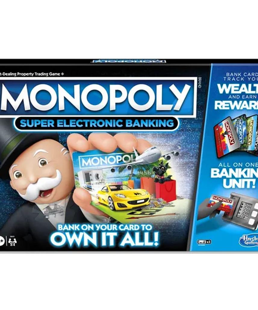 لعبة مونوبولي الإلكترونية المصرفية الفائقة من هاسبرو للألعاب، بطاقات مصرفية رقمية، لعبة عائلية بدون نقود للأطفال والكبار، سريعة اللعب، شراء وبيع العقارات، ميزة السفر، لعبة حفلات ممتعة
