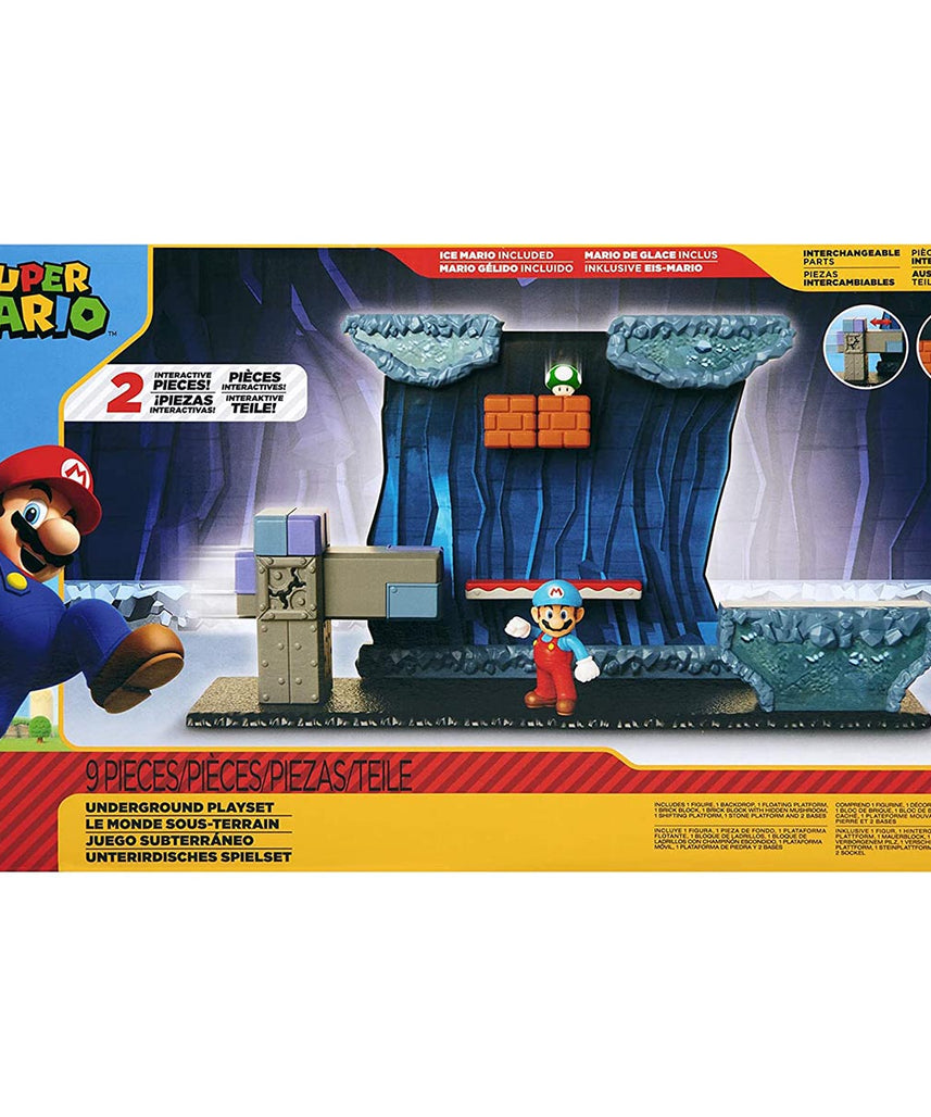 مجموعة ألعاب نينتندو سوبر ماريو أندرغراوند، مجسم ماريو الجليدي المفصل مقاس 2.5 بوصة، 5 قطع تفاعلية للبيئة، كتلة طوب مع فطر منبثق