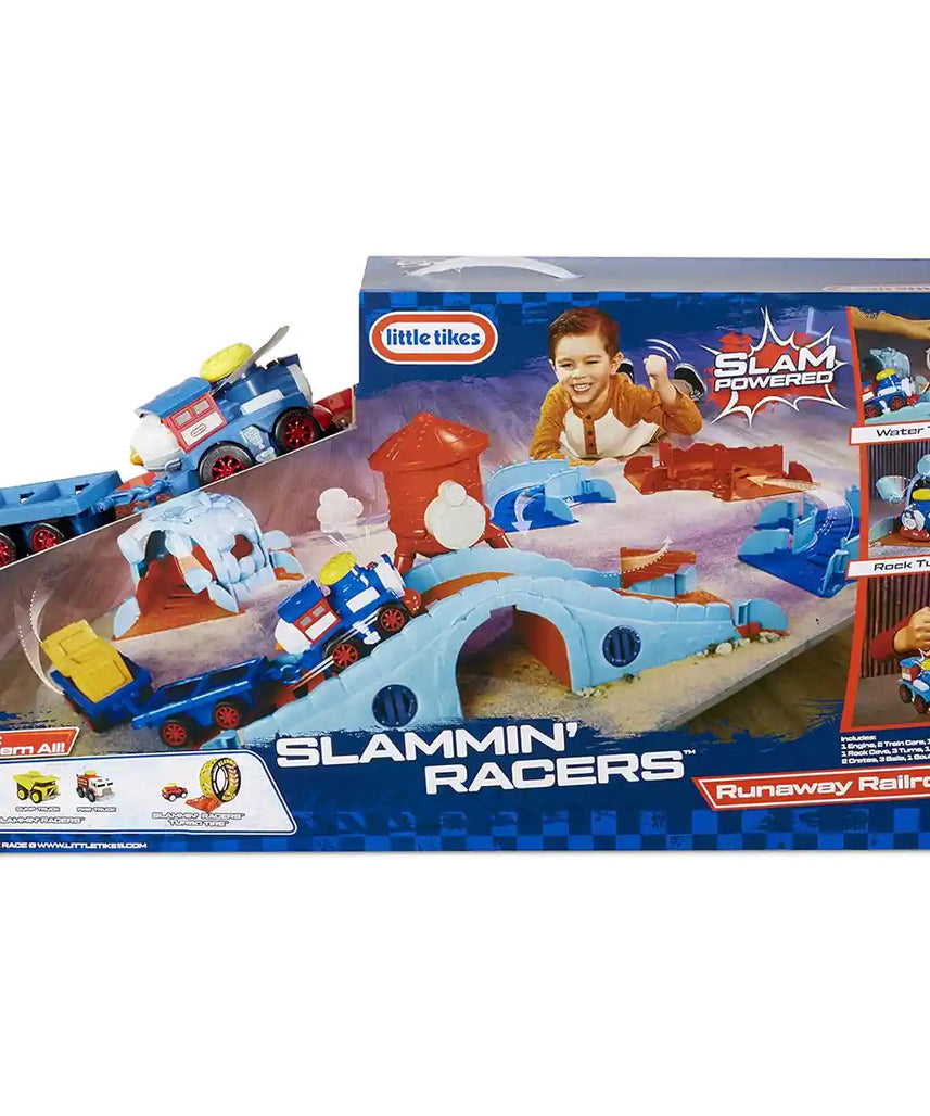 Little Tikes Slammin Racers Runaway Railroad Set, Slam Powered Train with Cargo Cars, Customizable Stunt Track with 5 Pieces, Works with All Slammin Racers Vehicles, Ages 3+