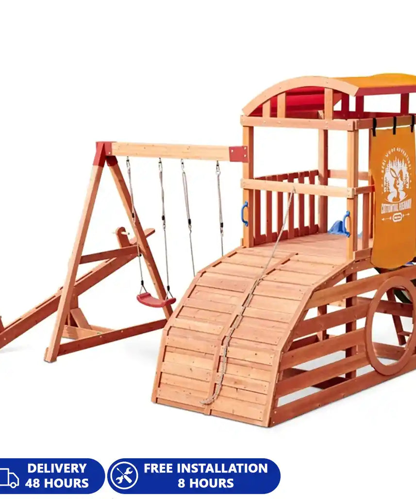 مجموعة ألعاب خشبية خارجية من Little Tikes Real Wood Adventures Cottontail Hideaway مع نادي، وأراجيح حبلية، ومنزلق، ومراجيح، وجدار تسلق - متعة في الفناء الخلفي للأطفال من سن 3 إلى 10 سنوات