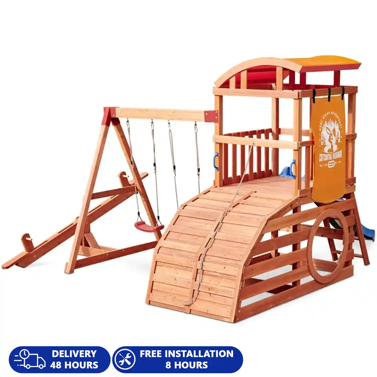 مجموعة ألعاب خشبية خارجية من Little Tikes Real Wood Adventures Cottontail Hideaway مع نادي، وأراجيح حبلية، ومنزلق، ومراجيح، وجدار تسلق - متعة في الفناء الخلفي للأطفال من سن 3 إلى 10 سنوات