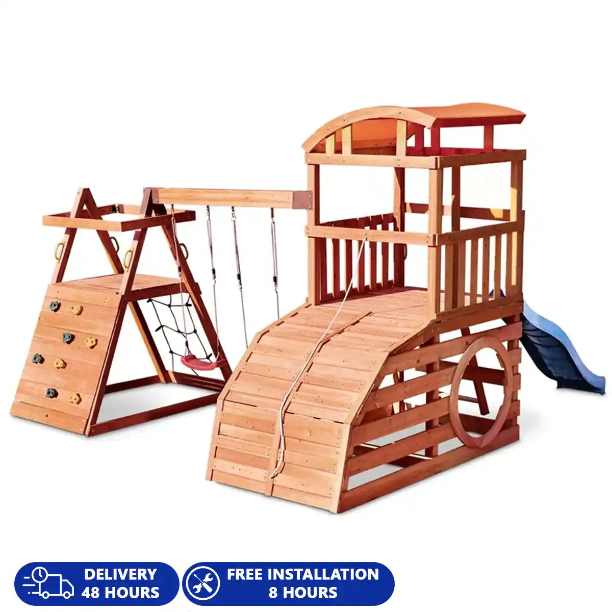 مجموعة ألعاب خارجية من ليتل تايكس ريل وود أدفنتشرز وايلدكات فولز، ملعب خشبي في الفناء الخلفي مع أراجيح وجسر حبلي ومنصات انزلاق ومنصة مراقبة، للأعمار من 3 سنوات فما فوق، مجموعات ألعاب ومعدات ملعب