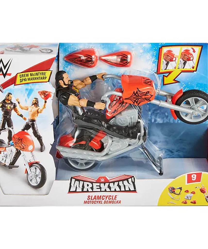 WWE Wrekkin Slam Cycle Vehicle, Drew McIntyre Action Figure, 10-Point Articulated Figure, Breakaway Motorcycle Toy, Ages 6+