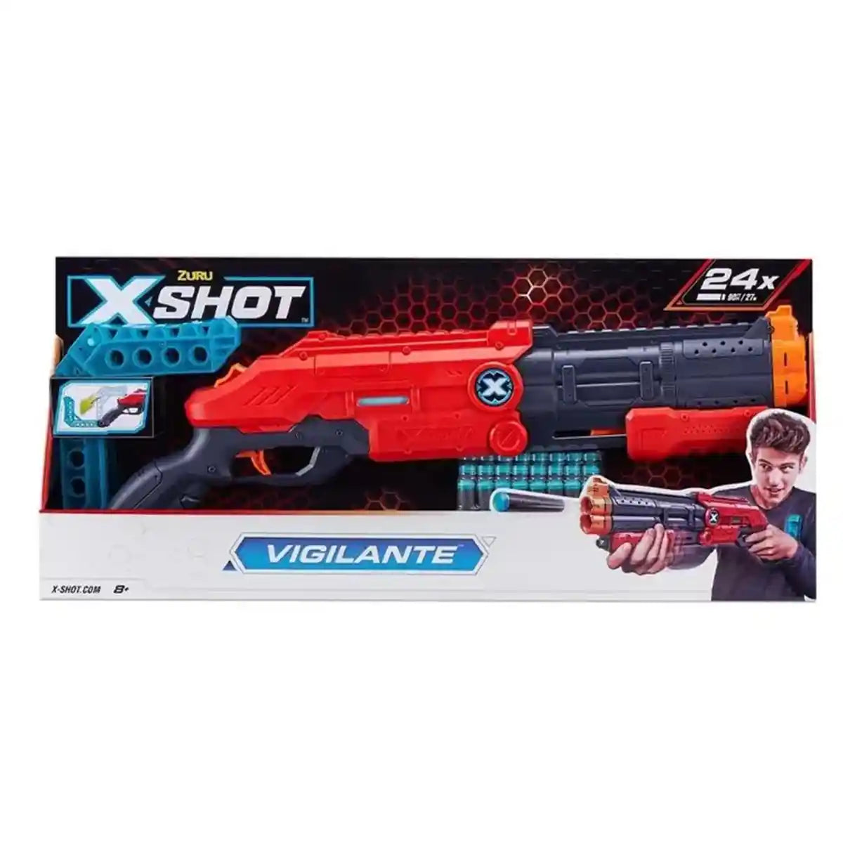 مسدس سهام XSHOT Excel Vigilante أحمر من الفوم، مزود بمضخة مزدوجة الماسورة، سريع الإطلاق، يتضمن 24 سهمًا و4 أهداف، بمخزون قابل للتعديل، مدى طويل 90 قدمًا، لعبة قتال للأطفال والمراهقين والبالغين