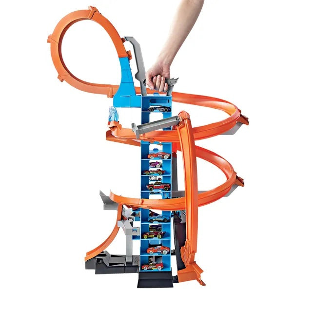 Hot Wheels Sky Crash Tower Track Set, 83 cm High with Motorized Booster, Orange Track & 1 Vehicle – Epic Racing & Crashing Fun for Kids 5+ GJM76