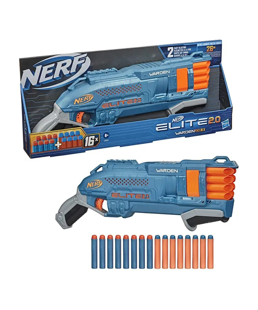 Nerf Elite 2.0 Warden DB-8 Blaster, Fires 2 Darts at Once, Pump-Action Slam Fire, Includes 16 Official Nerf Darts, Tactical Rail Upgrade, Shoots up to 26 Meters