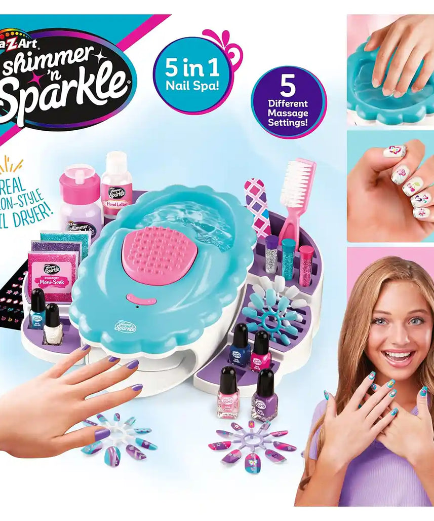 Shimmer n Sparkle Ultimate Nail Spa 65506, All-in-One Manicure & Pedicure Kit with 4 Massage Modes, Hand Soak, Polishes, Stickers, Lotion & Real Nail Dryer, DIY Spa Kit for Kids 3+