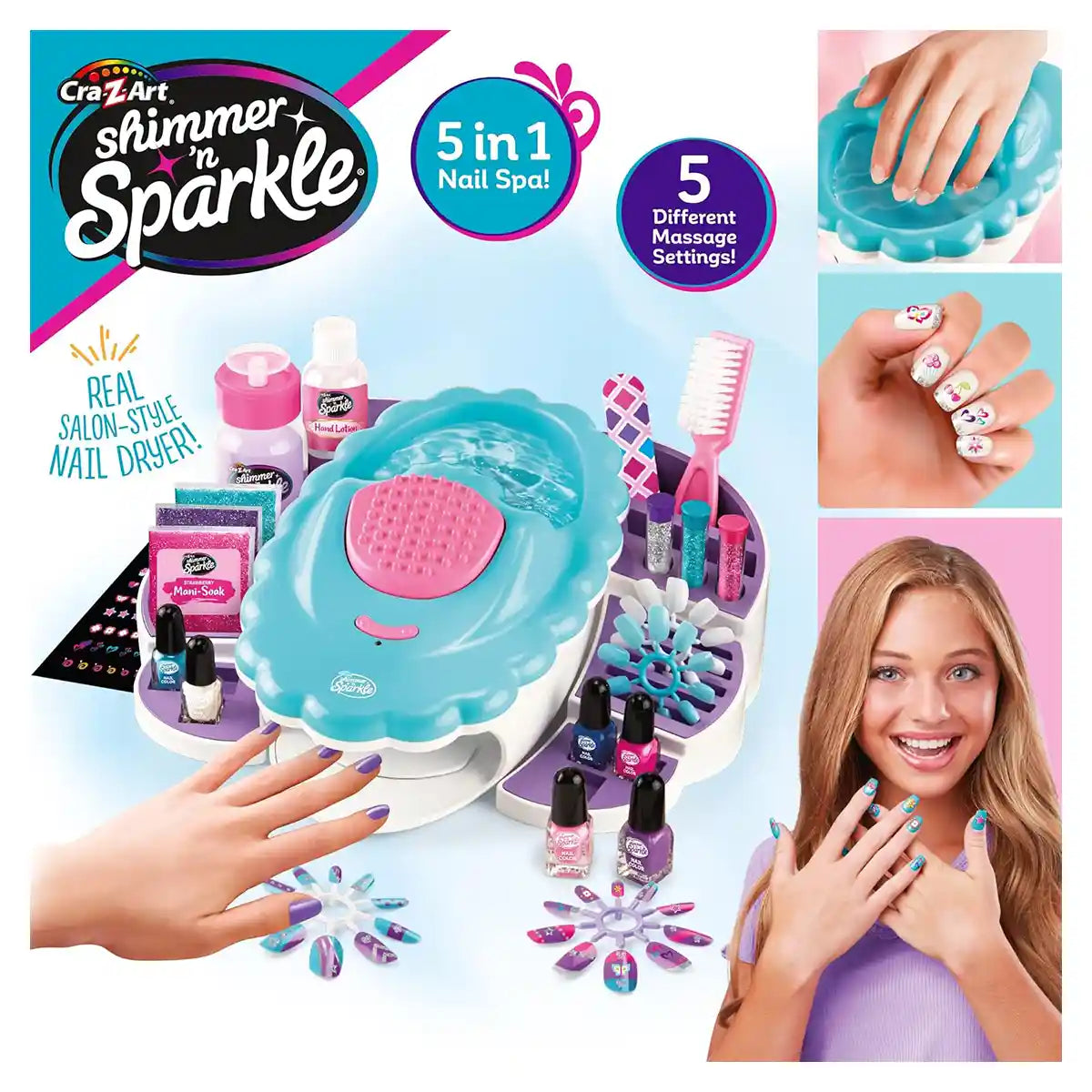 Shimmer n Sparkle Ultimate Nail Spa 65506, All-in-One Manicure & Pedicure Kit with 4 Massage Modes, Hand Soak, Polishes, Stickers, Lotion & Real Nail Dryer, DIY Spa Kit for Kids 3+