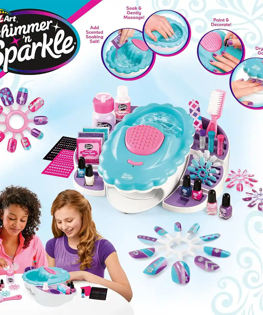 Shimmer n Sparkle Ultimate Nail Spa 65506, All-in-One Manicure & Pedicure Kit with 4 Massage Modes, Hand Soak, Polishes, Stickers, Lotion & Real Nail Dryer, DIY Spa Kit for Kids 3+
