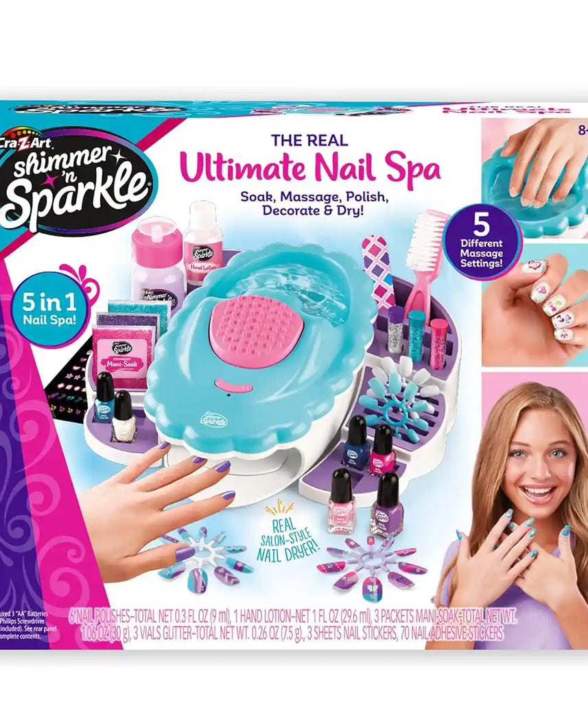 Shimmer n Sparkle Ultimate Nail Spa 65506, All-in-One Manicure & Pedicure Kit with 4 Massage Modes, Hand Soak, Polishes, Stickers, Lotion & Real Nail Dryer, DIY Spa Kit for Kids 3+