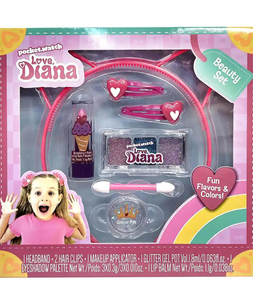 Love Diana Beauty Set with Lip Balm, Eyeshadow, Glitter Pot, Hair Clips and Cat Ears Headband, Pretend Play Makeup Set for Kids Ages 3+