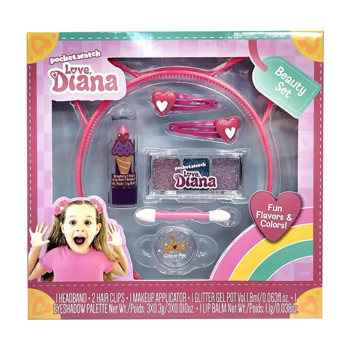 Love Diana Beauty Set with Lip Balm, Eyeshadow, Glitter Pot, Hair Clips and Cat Ears Headband, Pretend Play Makeup Set for Kids Ages 3+