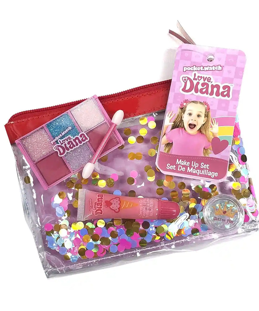 حقيبة قطار لوف ديانا مع مستحضرات تجميل، وطلاء أظافر، وملمع شفاه، وظلال عيون، ووعاء بريق، ومبرد أظافر وأداة وضع، مجموعة مكياج تظاهرية للأطفال من سن 3 سنوات فما فوق