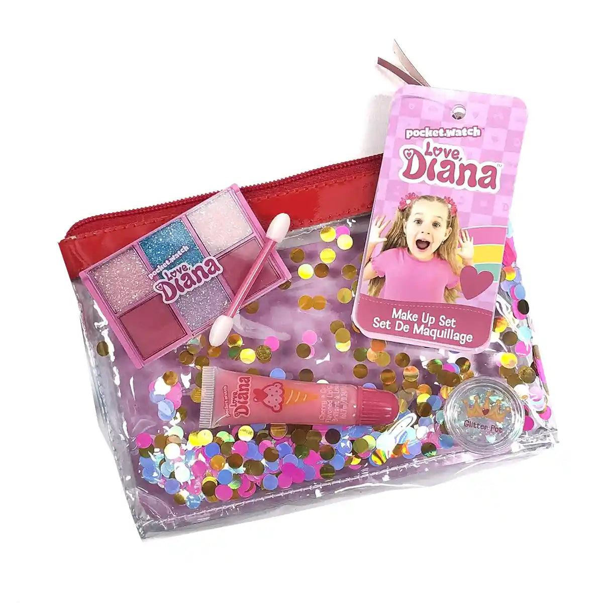 حقيبة قطار لوف ديانا مع مستحضرات تجميل، وطلاء أظافر، وملمع شفاه، وظلال عيون، ووعاء بريق، ومبرد أظافر وأداة وضع، مجموعة مكياج تظاهرية للأطفال من سن 3 سنوات فما فوق