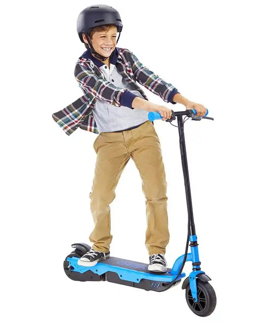 سكوتر كهربائي ليتل تايكس فيرو رايدز في آر ٥٥٠ إي، أزرق، قابل للطي، أقصى سرعة ١٠ أميال في الساعة، أضواء ليد، دواسة إبهام، فرامل يد، بطارية قابلة لإعادة الشحن، للأطفال من عمر ٨ سنوات فما فوق