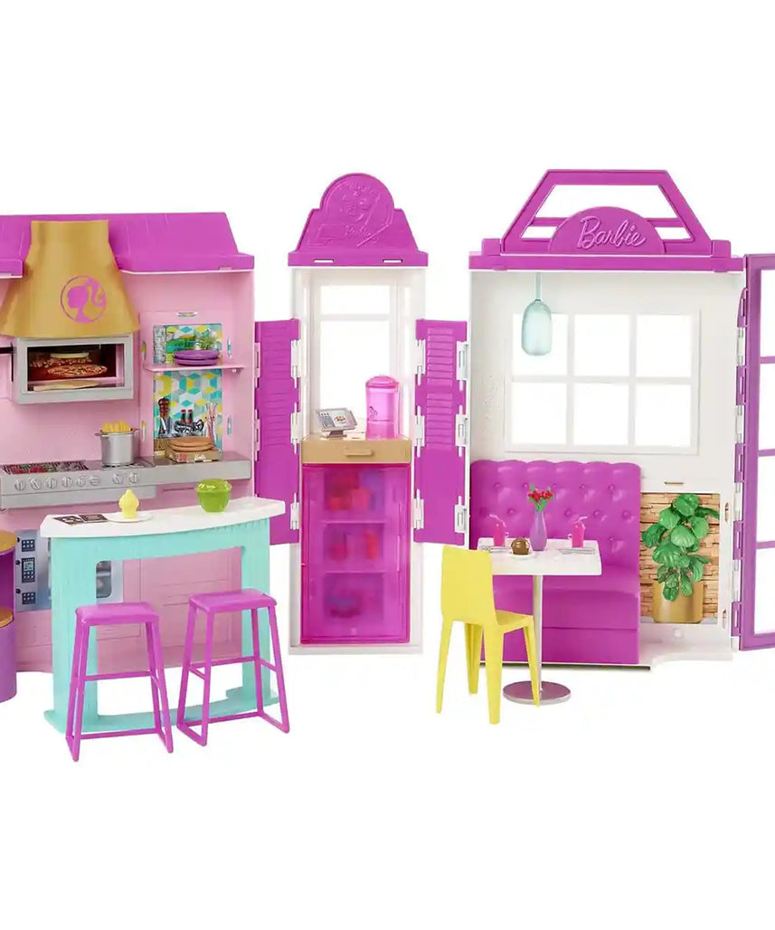 مجموعة ألعاب مطعم باربي كوك آند جريل، 6 مناطق لعب، 30+ قطعة، مطبخ ومقهى، لعبة تظاهرية للأطفال من سن 3 سنوات فما فوق