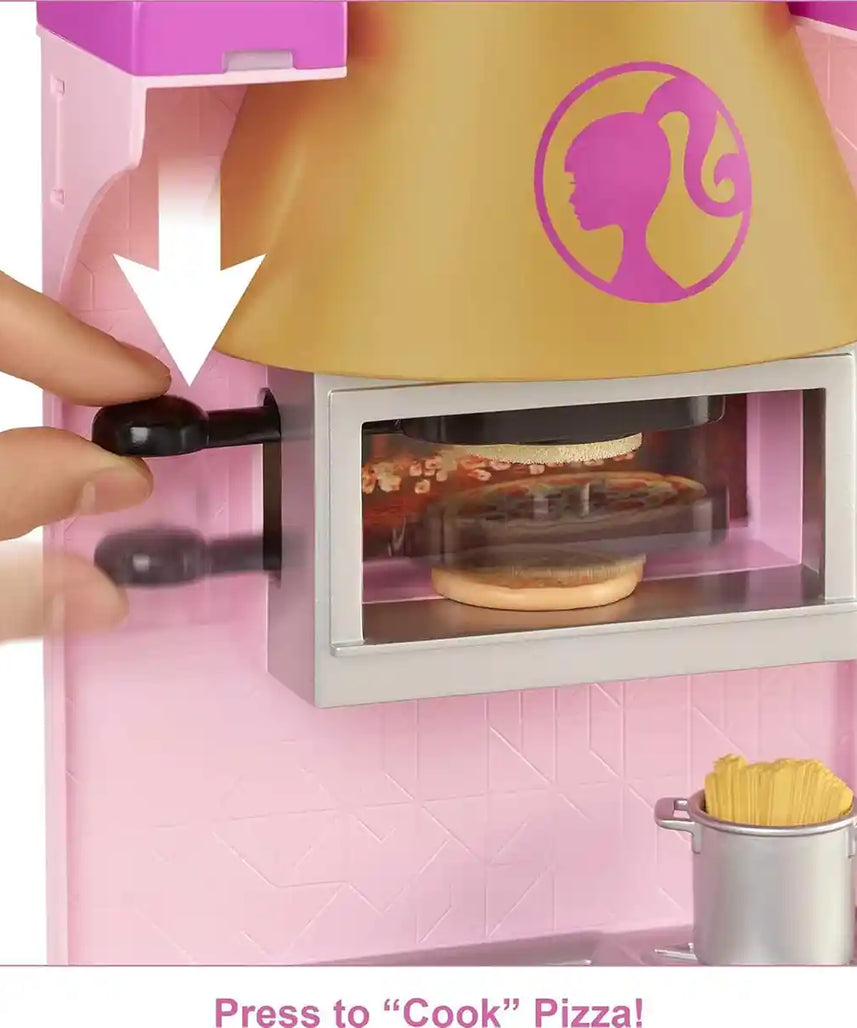 مجموعة ألعاب مطعم باربي كوك آند جريل، 6 مناطق لعب، 30+ قطعة، مطبخ ومقهى، لعبة تظاهرية للأطفال من سن 3 سنوات فما فوق