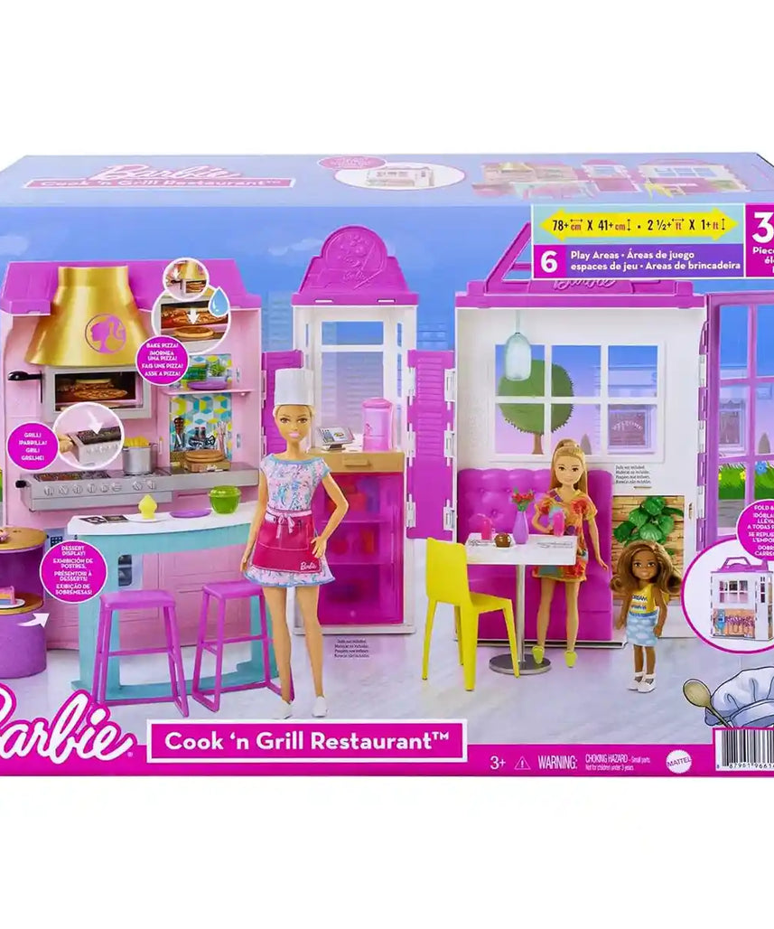 مجموعة ألعاب مطعم باربي كوك آند جريل، 6 مناطق لعب، 30+ قطعة، مطبخ ومقهى، لعبة تظاهرية للأطفال من سن 3 سنوات فما فوق