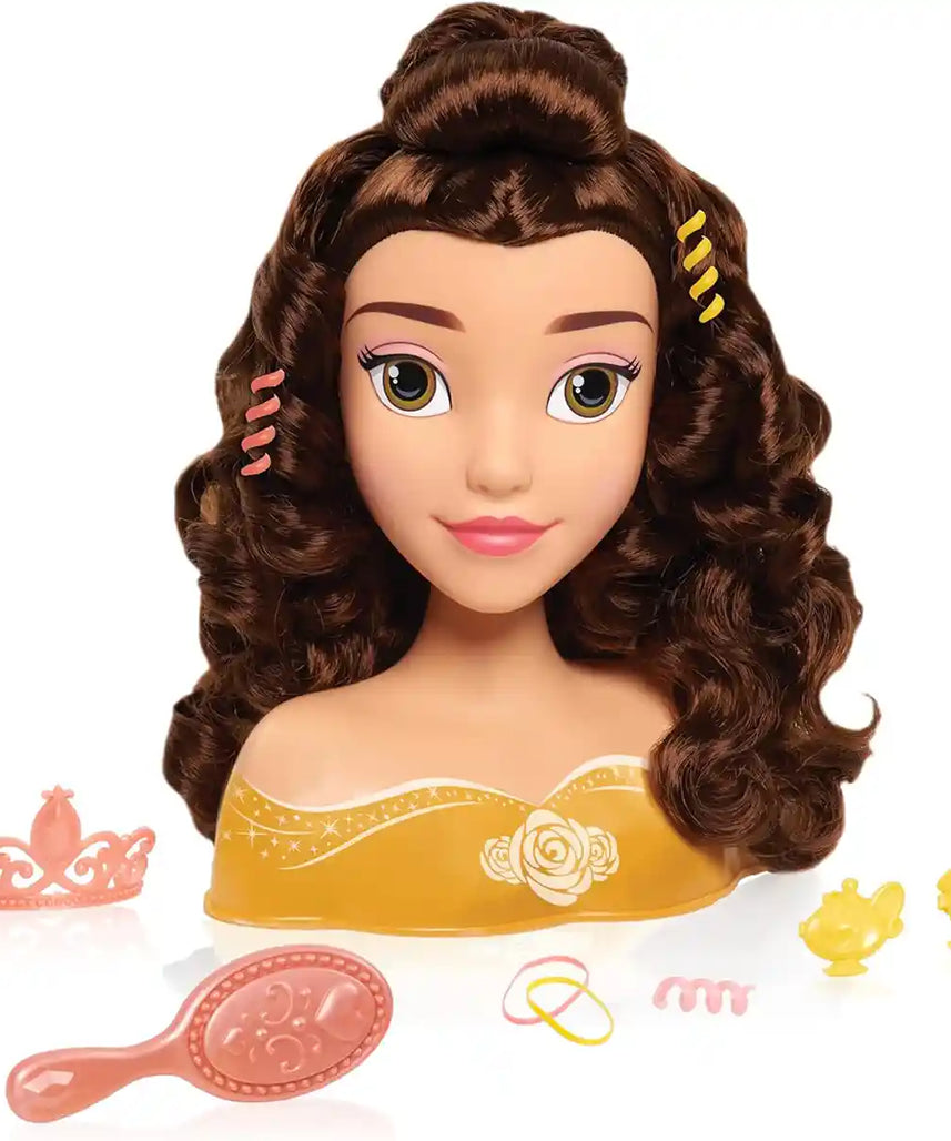 Disney Princess Belle Deluxe Styling Head, Brown Hair, 10-Piece Pretend Play Set for Kids Ages 3+