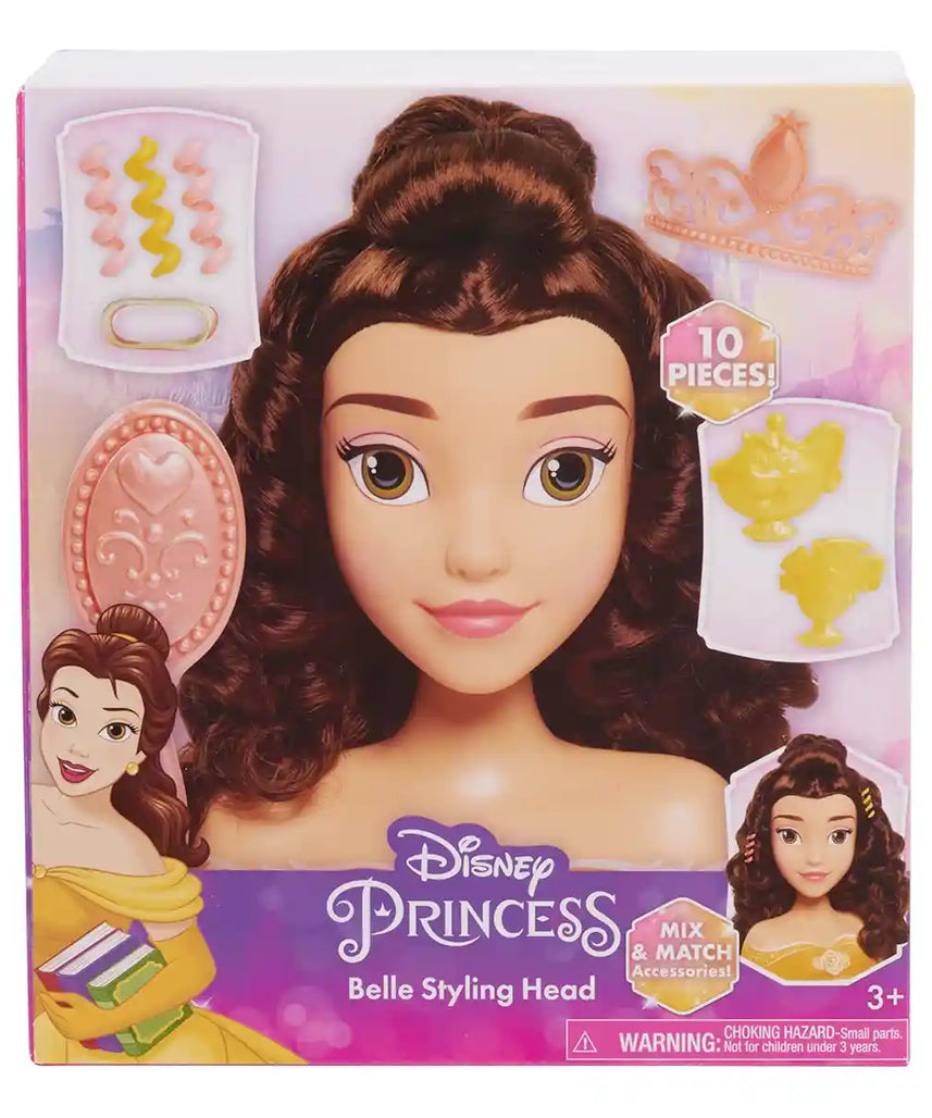 Disney Princess Belle Deluxe Styling Head, Brown Hair, 10-Piece Pretend Play Set for Kids Ages 3+