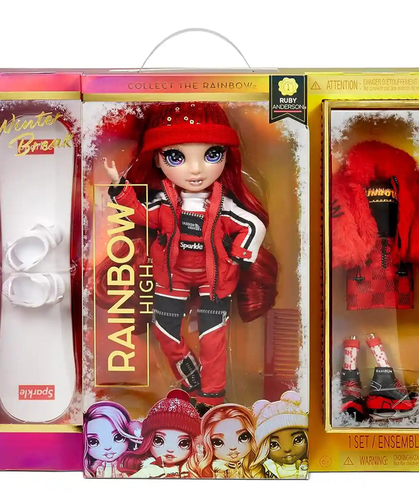 Rainbow High Winter Break Ruby Anderson Fashion Doll, 30cm, Red Outfit & Winter Gear, Snowboard & Accessories, Collectible Toy, Imaginative Play, Gift for Kids 6+