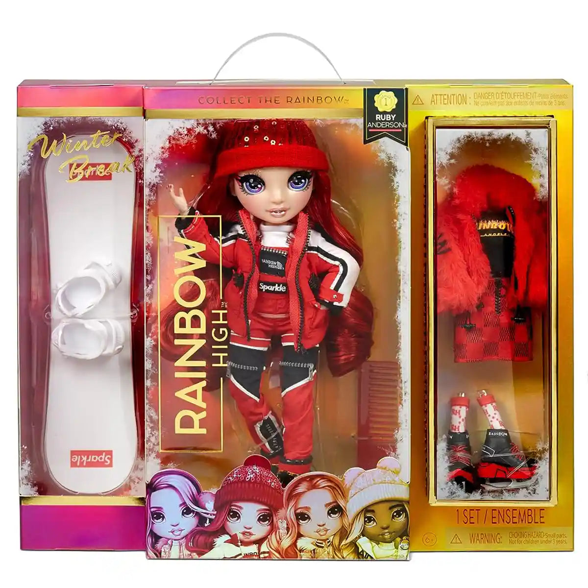 دمية روبي أندرسون الأنيقة من رينبو هاي وينتر بريك، 30 سم، بزي أحمر ومعدات شتوية، ولوح تزلج وملحقاته، لعبة قابلة للتجميع، ولعب خيالي، هدية للأطفال من سن 6 سنوات فما فوق 