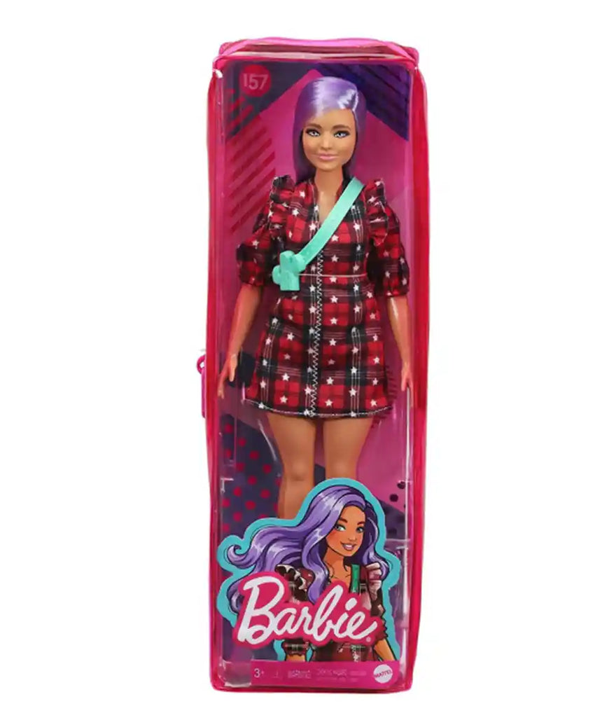 Barbie Fashionistas Doll #157, Curvy with Lavender Hair, Red Plaid Dress, White Cowboy Boots & Teal Cactus Bag, GRB49