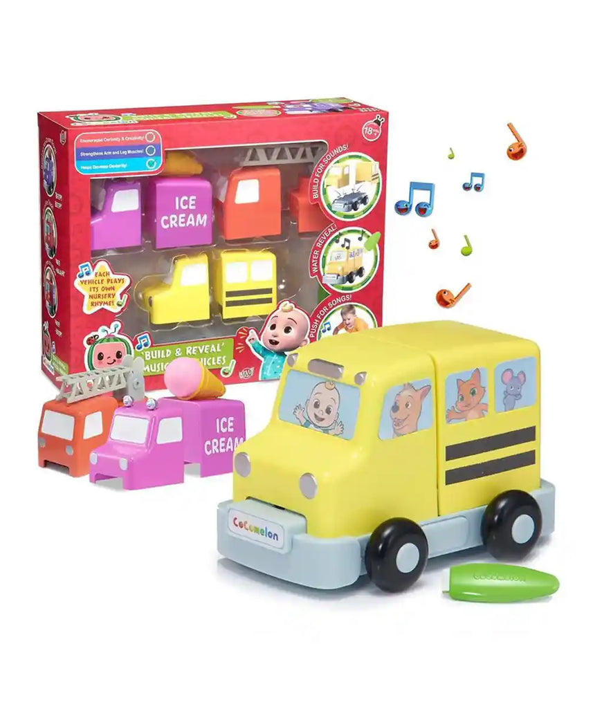 Cocomelon Build & Reveal Musical Vehicles Playset, Interactive Nursery Rhyme Toys with Mess-Free Water Painting, Hidden Characters & Sensory Learning for Kids