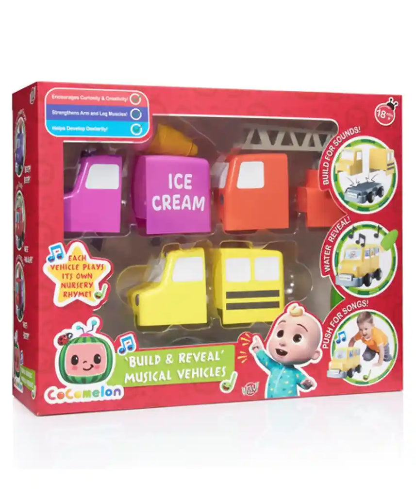 Cocomelon Build & Reveal Musical Vehicles Playset, Interactive Nursery Rhyme Toys with Mess-Free Water Painting, Hidden Characters & Sensory Learning for Kids