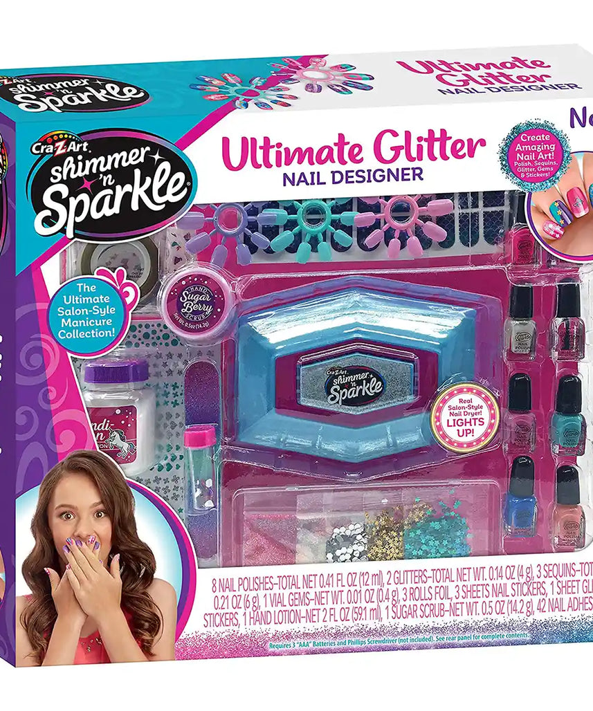 Shimmer 'n Sparkle Ultimate Glitter Nail Designer Set, All-in-One Salon Kit with Light-Up Nail Dryer, 8 Nail Polishes, Glitter, Gems, Nail Stickers & Press-On Rings, Creative Nail Art Kit for Kids Girls Ages 8+
