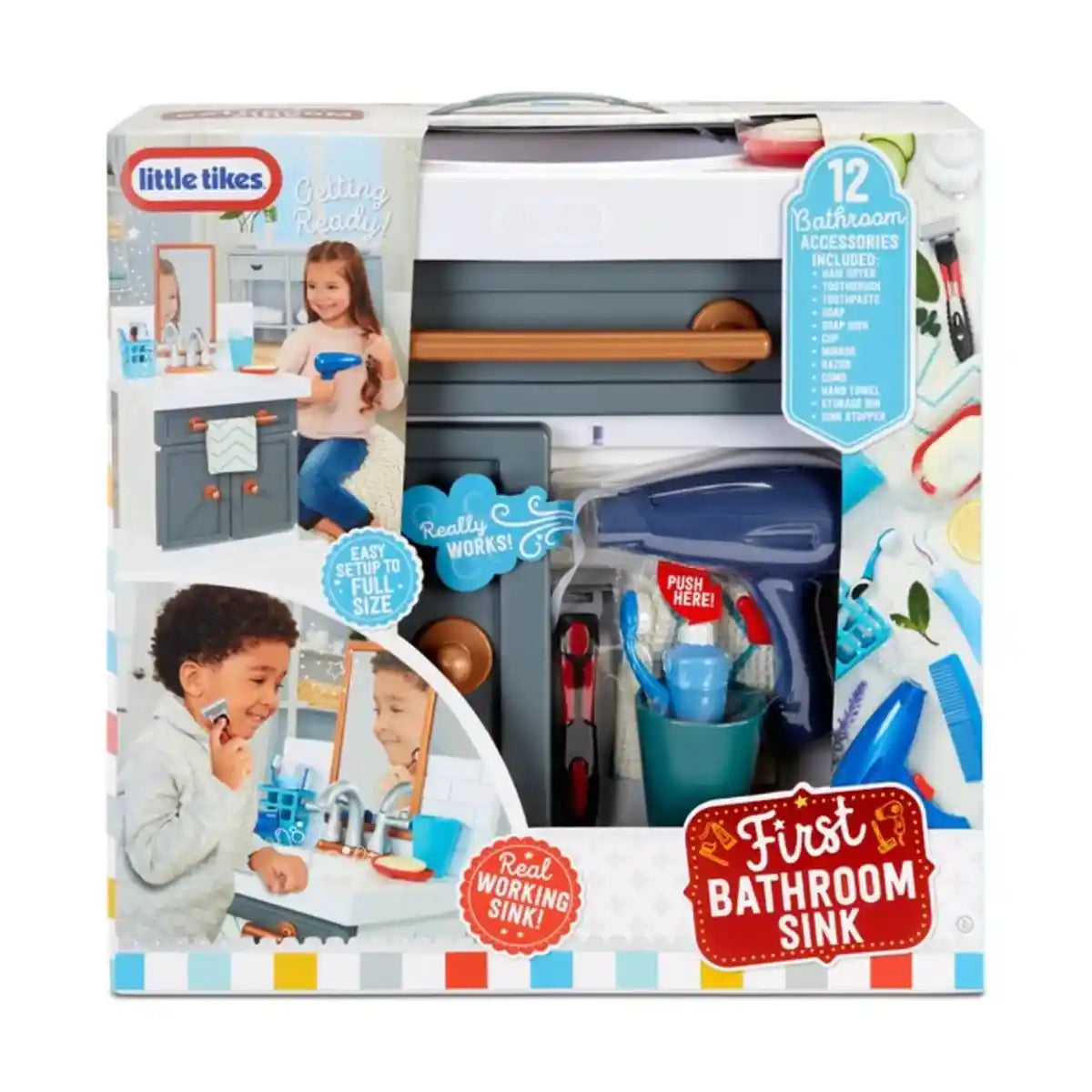 ليتل تايكس، حوض حمام مع صنبور يعمل بشكل حقيقي، ١٢ ملحقًا، لعبة تظاهرية للأطفال، تعلم تقمص الأدوار، رمادي/متعدد الألوان، للأعمار من سنتين فما فوق