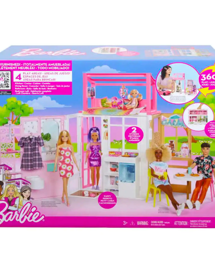 مجموعة لعب منزل باربي HCD48 الوردي اللطيف المكون من طابقين، تتضمن دمية وجراء وإكسسوارات، منزل أحلام باربي القابل للطي والمحمول للأطفال من سن 3 سنوات فما فوق
