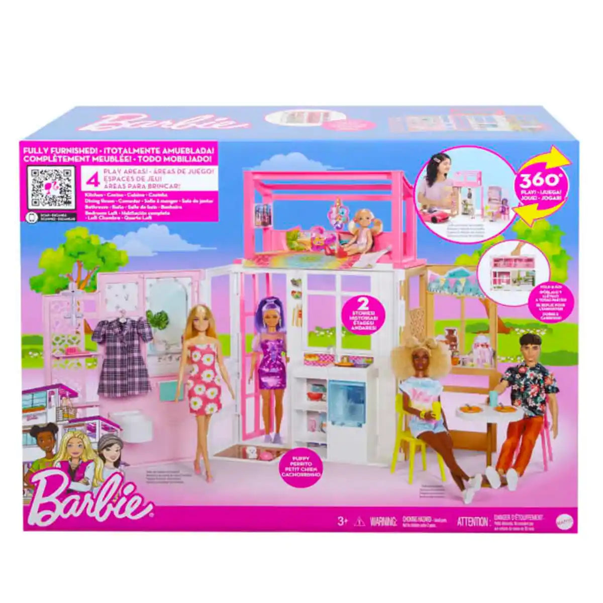 مجموعة لعب منزل باربي HCD48 الوردي اللطيف المكون من طابقين، تتضمن دمية وجراء وإكسسوارات، منزل أحلام باربي القابل للطي والمحمول للأطفال من سن 3 سنوات فما فوق