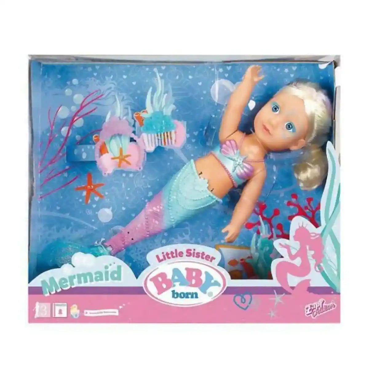 دمية حورية البحر من بيبي بورن، دمية بطول 43 سم مع زعنفة ذيل مضيئة، تأثير متغير اللون، شعر طويل ملون، إكسسوار تاج، مناسبة للأعمار من 3 سنوات فما فوق، دمى ومنازل وإكسسوارات