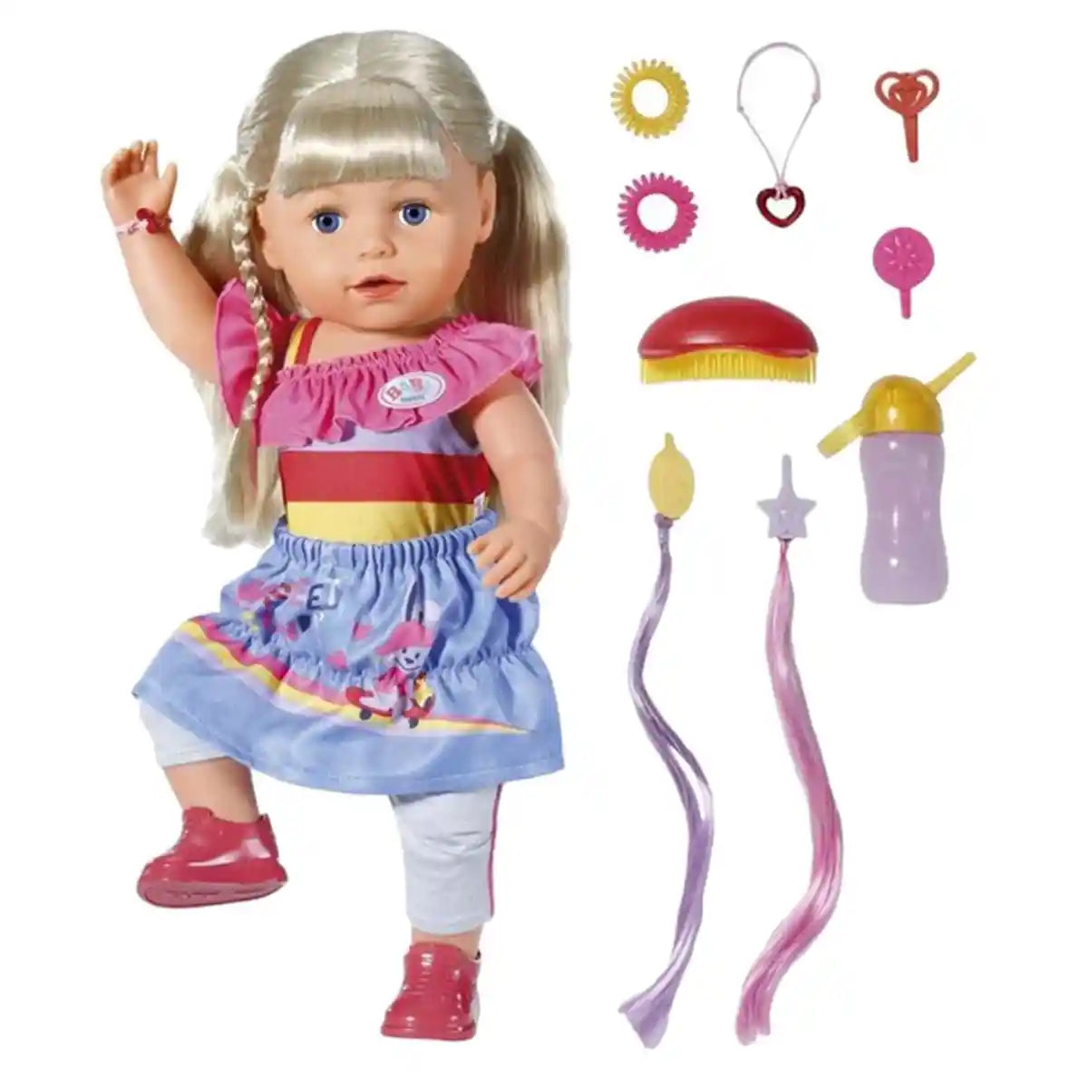 دمية إيما من بيبي بورن، مقاس 43 سم، مزودة بـ 10 وظائف لعب، وطبق سحري للتغذية، ونونية، وزجاجة، ودمية، وملحقاتها، مناسبة للأعمار من 3 سنوات فما فوق، ودمى، ومنازل، وملحقاتها