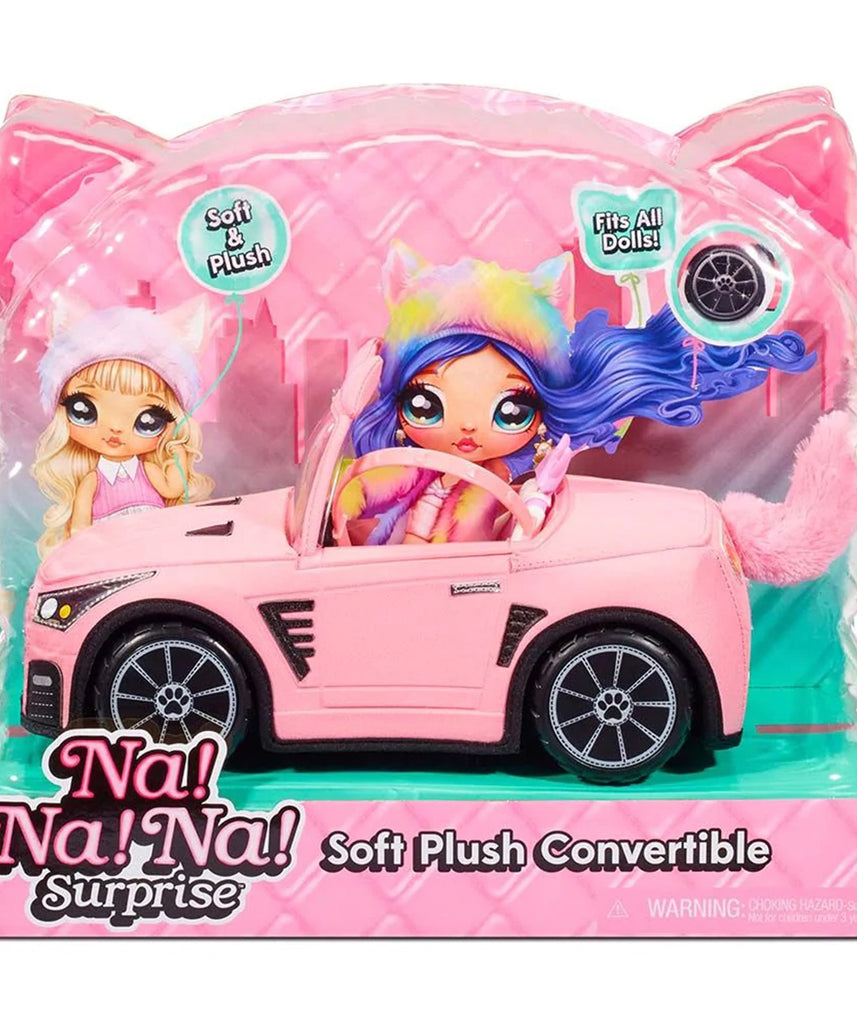 سيارة نا! نا! نا! مفاجأة قطيفة قابلة للتحويل، تصميم قطة ناعمة، عجلات دوارة، تناسب دمى نا! نا! نا والمراهقين، مقاعد وعجلة قيادة واقعية، لعبة سيارة قطيفة لطيفة