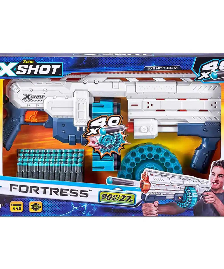 مسدس إكس-شوت إكسل فورتريس، ماسورة بسعة 40 سهمًا، دوران تلقائي، مدى 27 مترًا / 90 قدمًا، آلية الضخ، سكة تكتيكية، مسدس سهام إسفنجي لعبة، 36507، للأطفال، المراهقين، البالغين